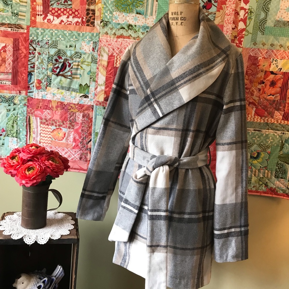 Harper Plaid Wrap Jacket with tie waist.